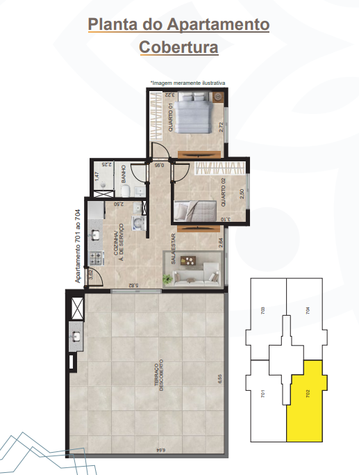 Planta da cobertura do Residencial Lisboa com 2 quartos, sala de estar, cozinha, banheiro e terraço descoberto