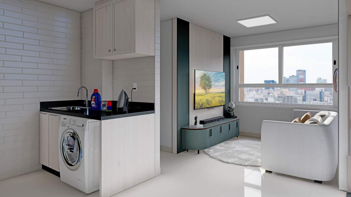Área de serviço integrada à sala do apartamento decorado do Residencial Lisboa