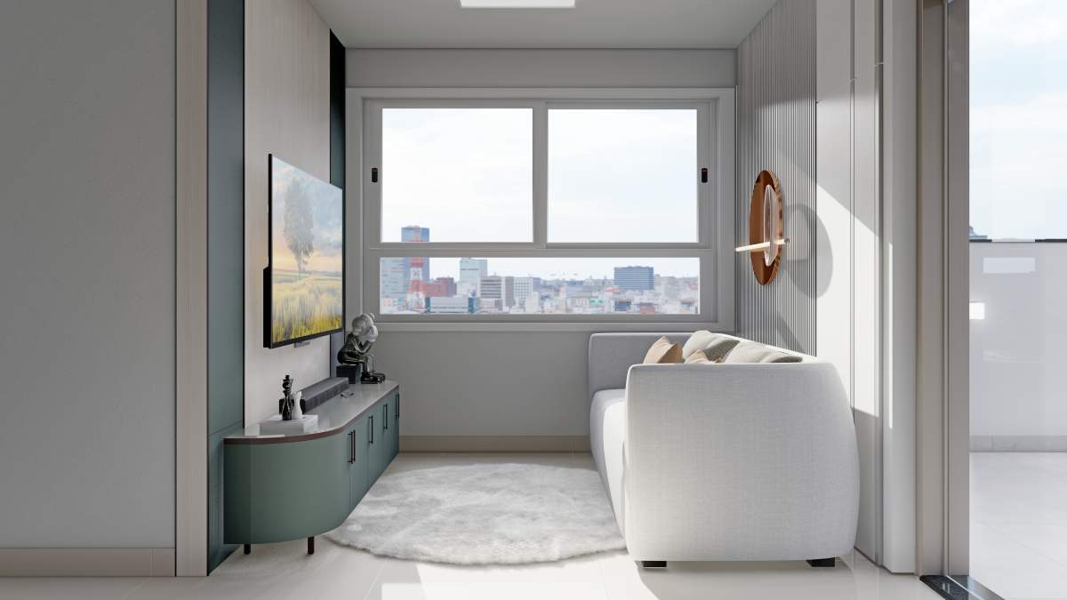 Sala de estar do apartamento decorado do Residencial Lisboa