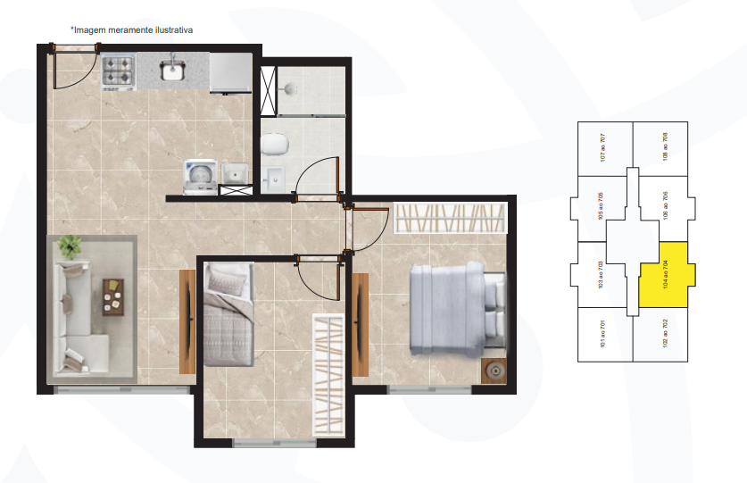 Planta do apartamento de 2 quartos do Residencial Lisboa com sala de estar, cozinha, área de serviço, dois quartos e um banheiro