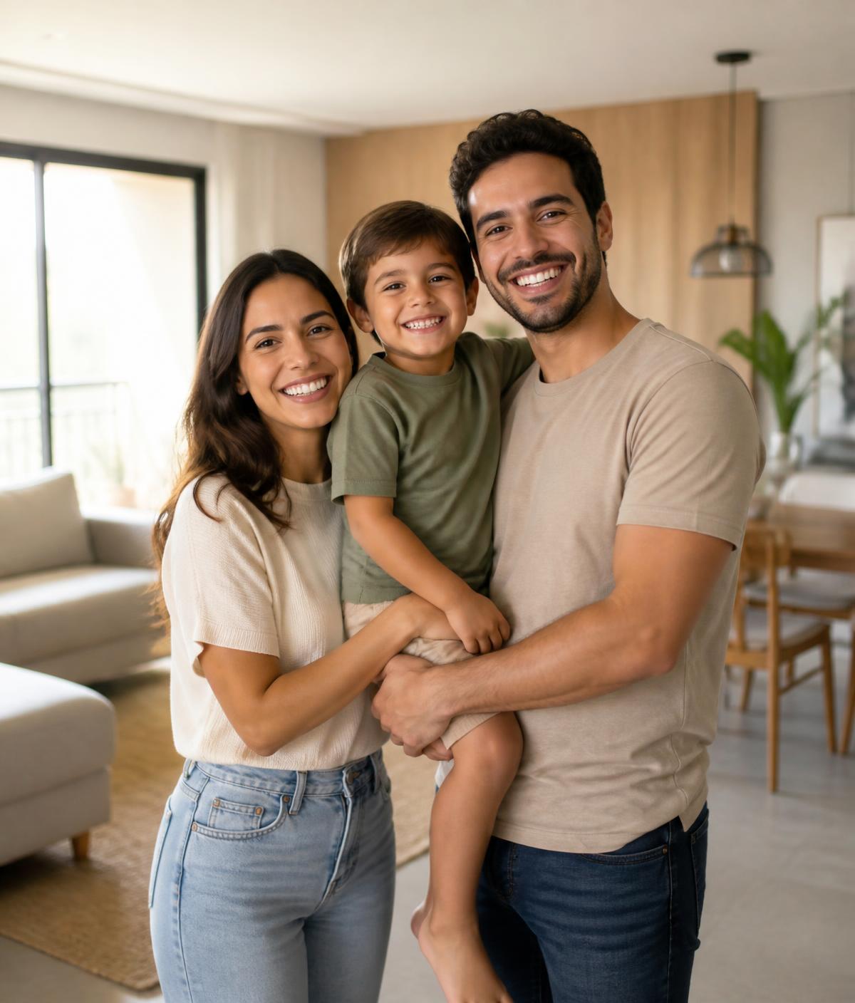Família reunida na sala de estar de um apartamento novo
